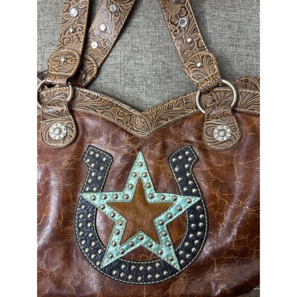 Western Style Brown Handbag Purse w/ Embossed Paisley Design & Star Horseshoe - Picture 7 of 9